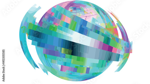 Abstract colorful geometric globe with intersecting layers and digital patterns flat vector illustration