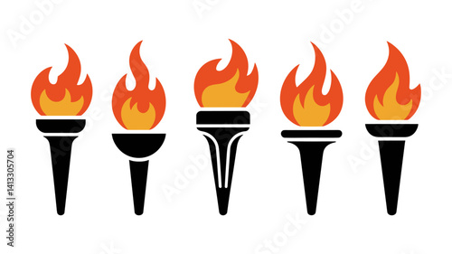 Illuminating Path: A dynamic display of five stylized torches, each emanating vibrant flames, symbolizing energy, guidance, and the enduring spirit of illumination.
