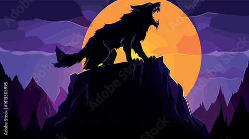 Silhouetted wolf howling on mountain summit against full moon in vibrant sky flat vector illustration