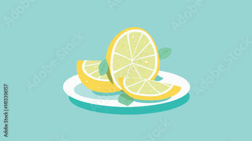 Illustration of fresh lemon slices on a white plate with mint leaves on pastel blue background flat vector illustration