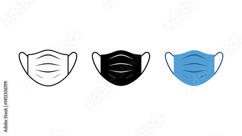 Medical Face Mask Icon Set: A set of three face masks, white, black and blue, perfect for creating visual resources for health, safety, and awareness campaigns.
