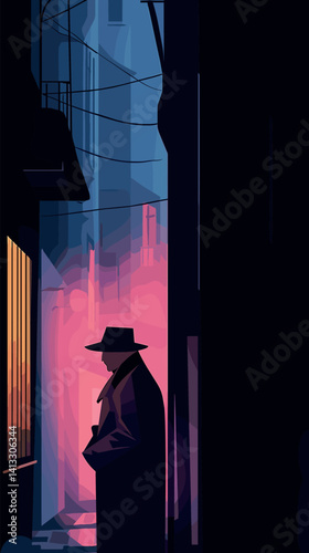 Silhouette of male detective in dark alley with neon lights flat vector illustration