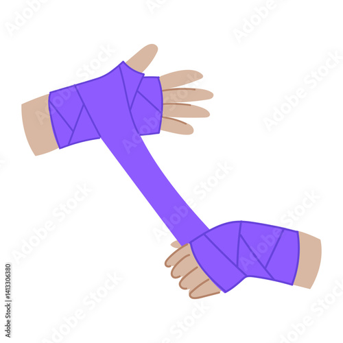 An illustration of hands with purple boxing hand wraps. Protective sport bandages.