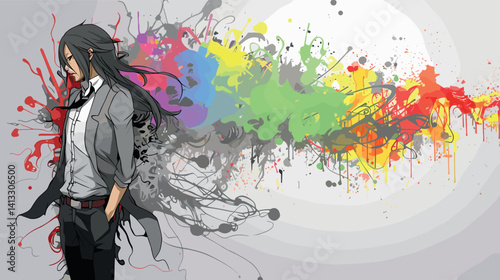 Anime-style male character with black hair and colorful paint splatter flat vector illustration