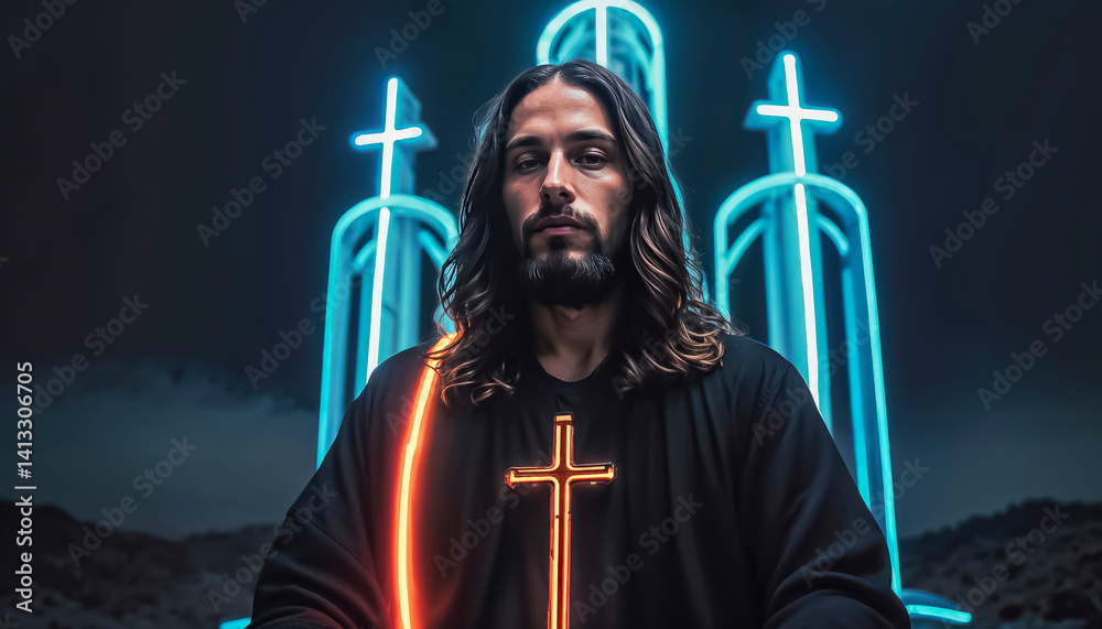 Naklejka premium Modern shepherd Jesus Christ prays for planet Earth and all its inhabitants