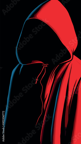 Mysterious hooded figure in red cloak against black background flat vector illustration