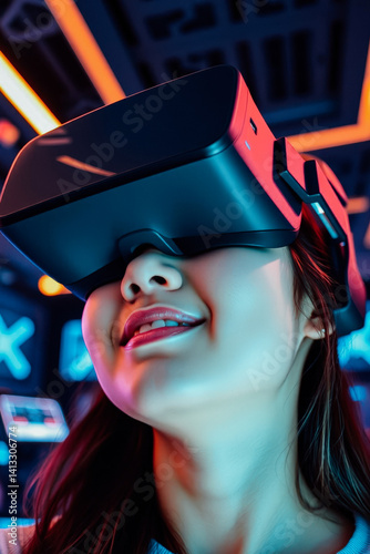 Obraz na płótnie Immersive Virtual Reality Experience of a Young Woman w salonie