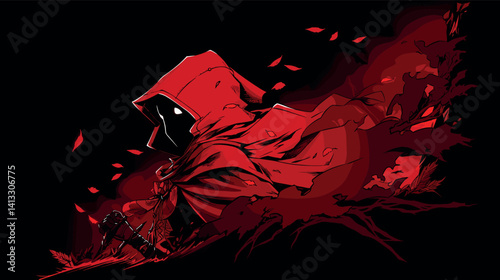 Mysterious red hooded figure with flowing cape in artistic dark background flat vector illustration