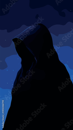 Mysterious hooded figure in dark cloak under night sky flat vector illustration