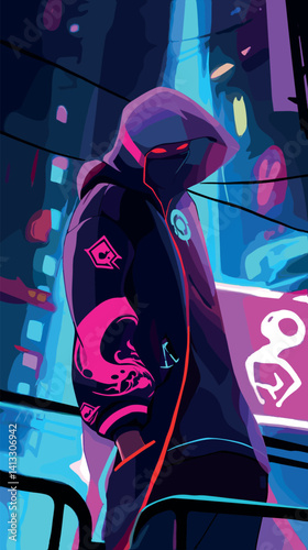 Mysterious hooded figure in neon cityscape artwork flat vector illustration