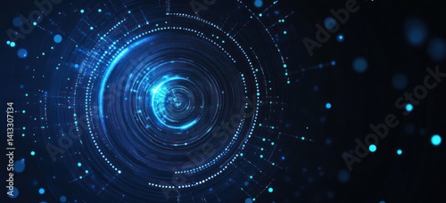 Abstract blue concentric circles and dots on a dark background.