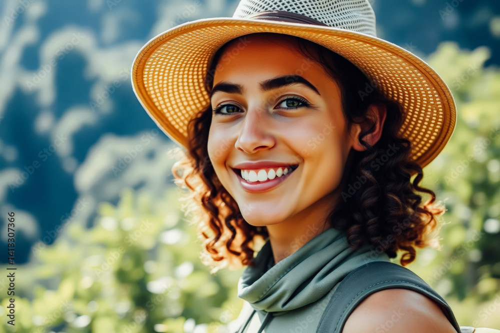 Smiling Woman in Straw Hat Outdoors