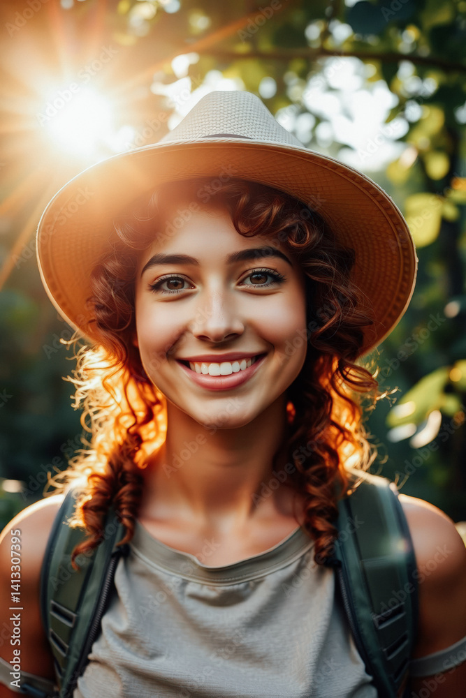 Happy Woman Hiking in the Woods