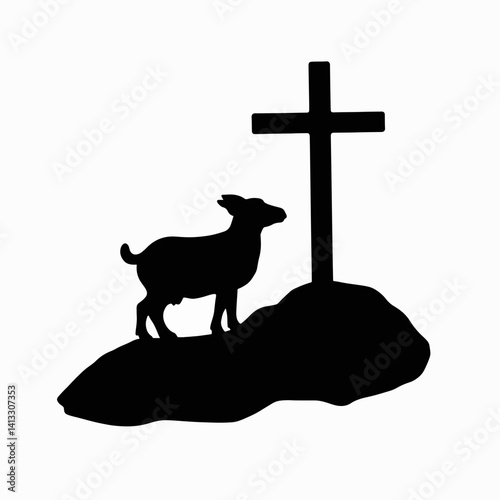 Lamb silhouette beside cross on rock, Easter symbolism
