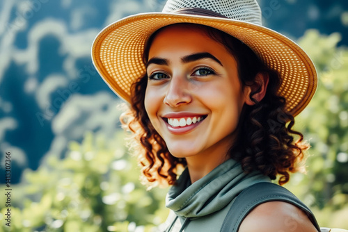Obraz na płótnie Smiling Woman in Straw Hat Outdoors w salonie