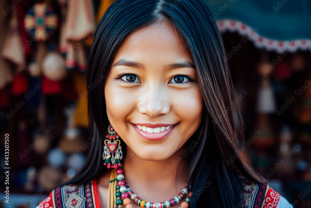 Smiling Indigenous Woman in Traditional Attire