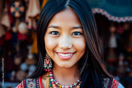Obraz na płótnie Smiling Indigenous Woman in Traditional Attire w salonie