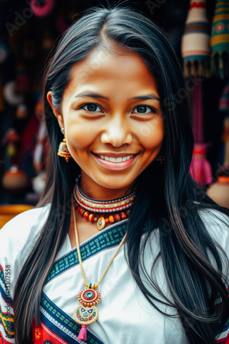 Obraz na płótnie Smiling Indigenous Woman in Traditional Attire w salonie