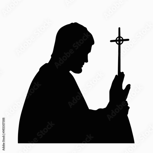 Religious figure praying with a cross silhouette on white background  