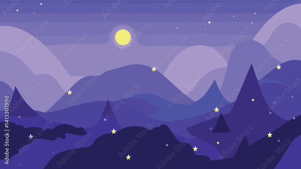Fototapeta premium Purple night landscape with stars and mountains under bright moon flat vector illustration