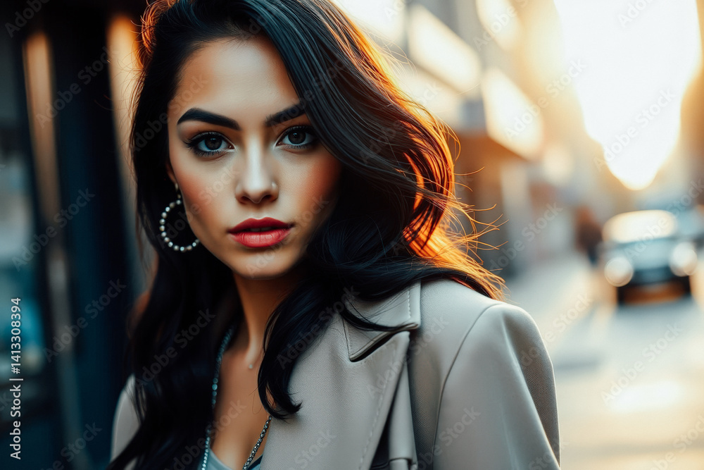 Stylish Woman in Beige Coat on City Street