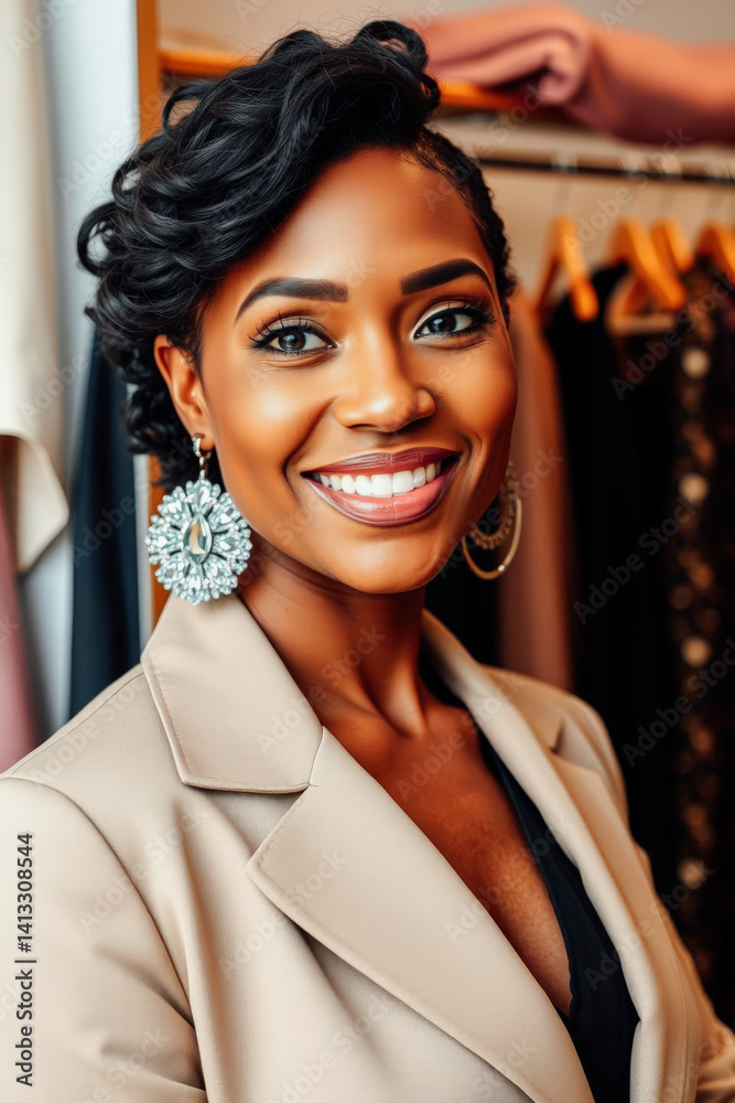 Stylish Woman in a Beige Blazer at a Boutique