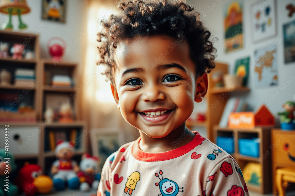 Happy Toddler in Playroom Smiles Brightly
