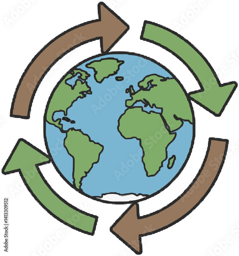 Global recycling symbol with rotating arrows.
