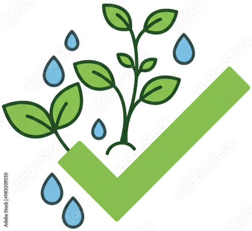 Green check with growing plant and water