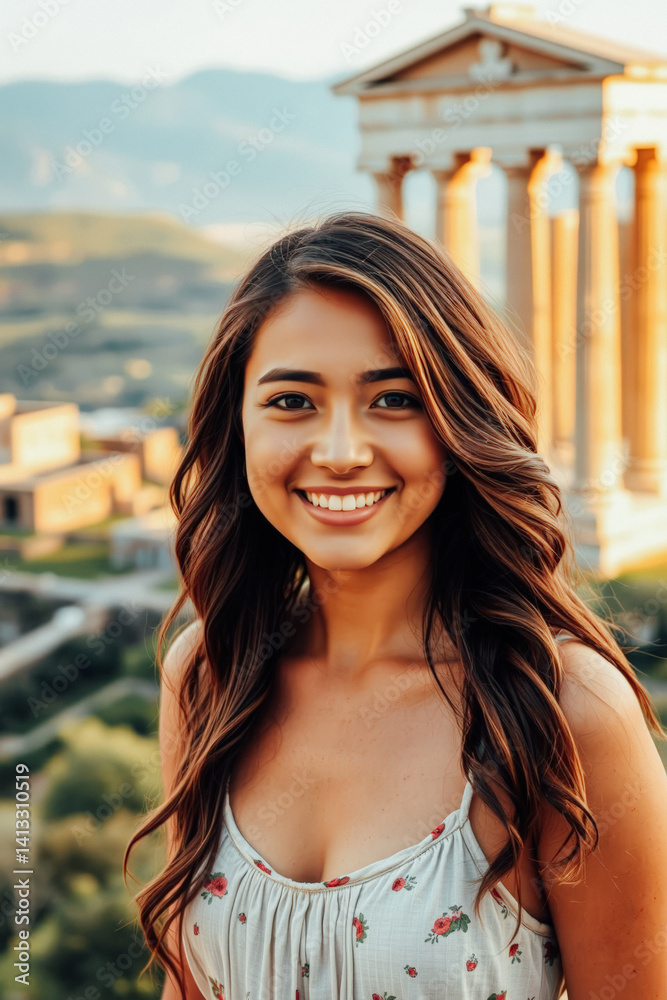 Smiling Woman Outdoors Near Ancient Ruins