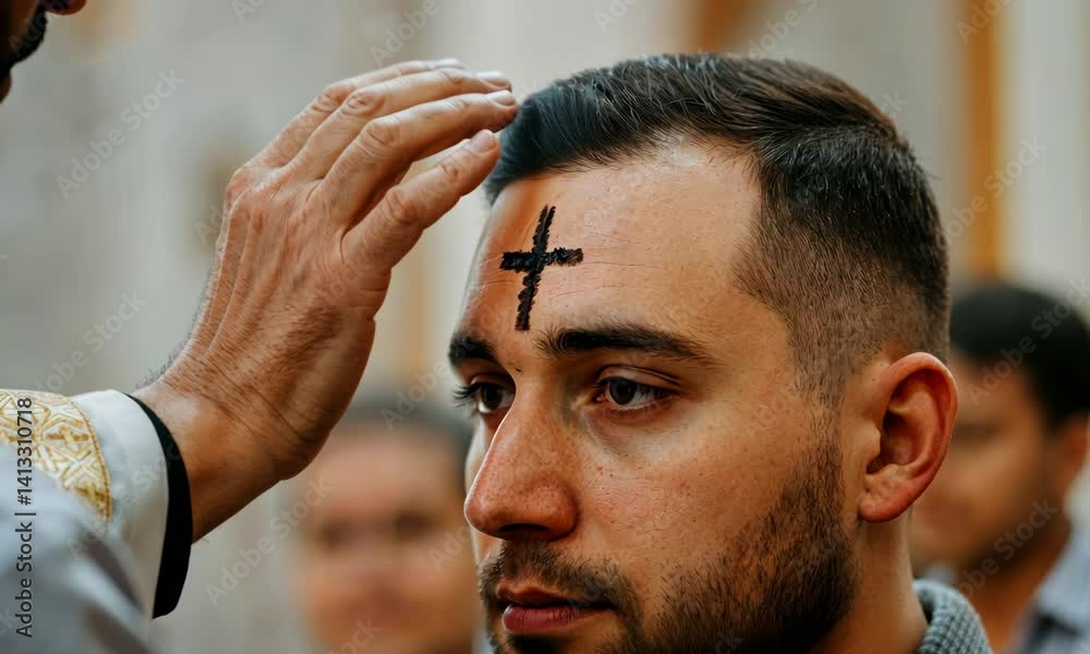 Caucasian male receiving ash cross on forehead during religious ceremony