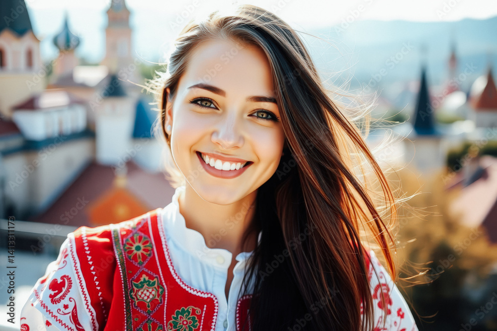 Smiling Woman in Traditional National Costume