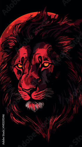 Digital art of lion with red moon: powerful and mysterious flat vector illustration