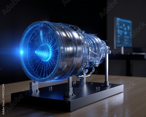 A wireframe rendering of a turbojet engine and its mirrored physical form set against a black backdrop, illustrating the digital twin concept in 3D