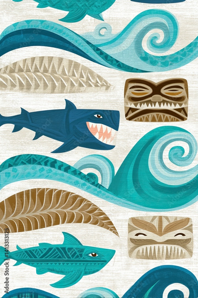 Naklejka premium Polynesian pattern featuring tiki masks, sharks and ocean waves