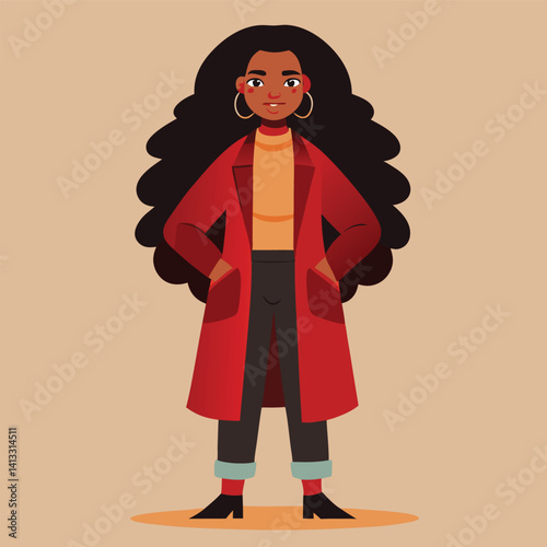 Stylish Black Woman in Red Coat and Autumn Outfit