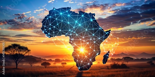 Africa at Sunrise Connected Continent, Silhouette, Sunset, Network, Technology, Growth ,africa
