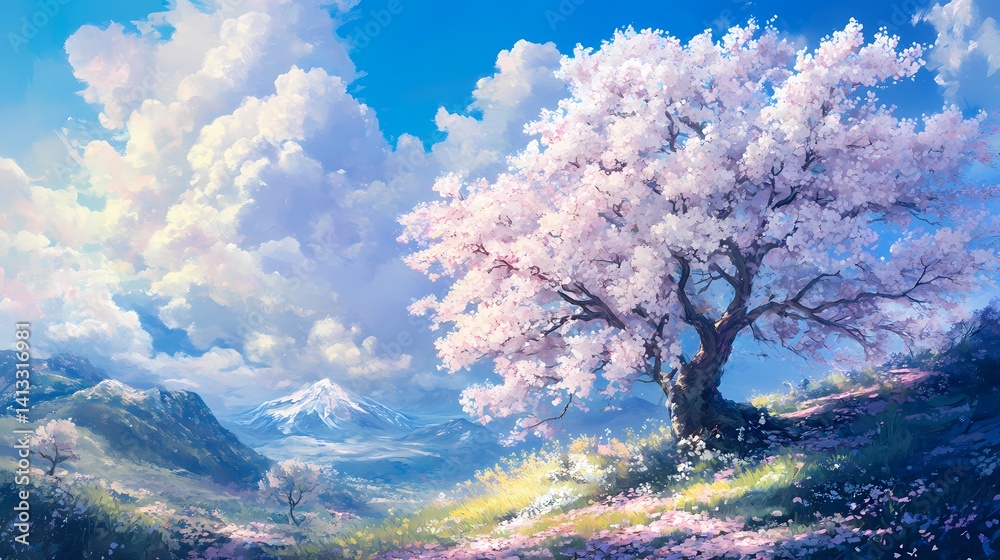 Cherry Blossoms under Vibrant Sky, Serene Landscape, Lush Valley, Snowcapped Mountain, Springtime Tranquility Cherry Blossoms under Vibrant Sky, Serene Landscape, Lush Valley, Snowcapped Mountain, Springtime Tranquility