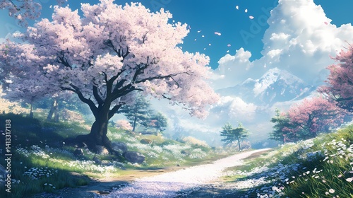Cherry blossoms in bloom, serene path, lush landscape, vibrant skies, tranquil escape, nature's harmony.