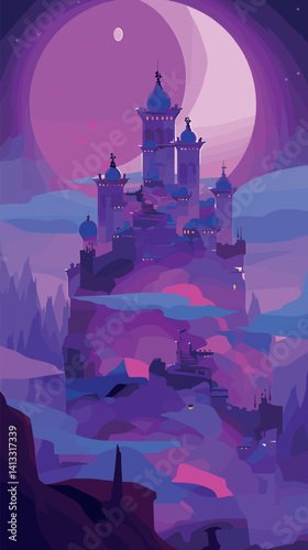 Fantasy castle in vibrant pink and purple night scene flat vector illustration