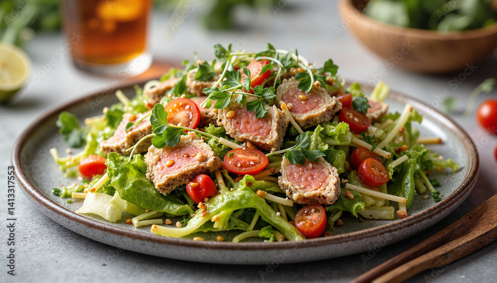 Fresh Niçoise salad with tuna on kitchen counter, healthy meal concept Fresh Niçoise salad with tuna on kitchen counter, healthy meal concept