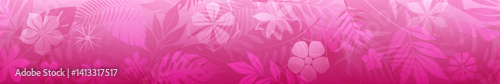 Horizontal seamless banner showcases a lush, tropical design with an array of stylized leaves and flowers rendered in various shades of pink.