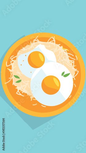 Sunny side up eggs on spaghetti plate with cheese garnish flat vector illustration