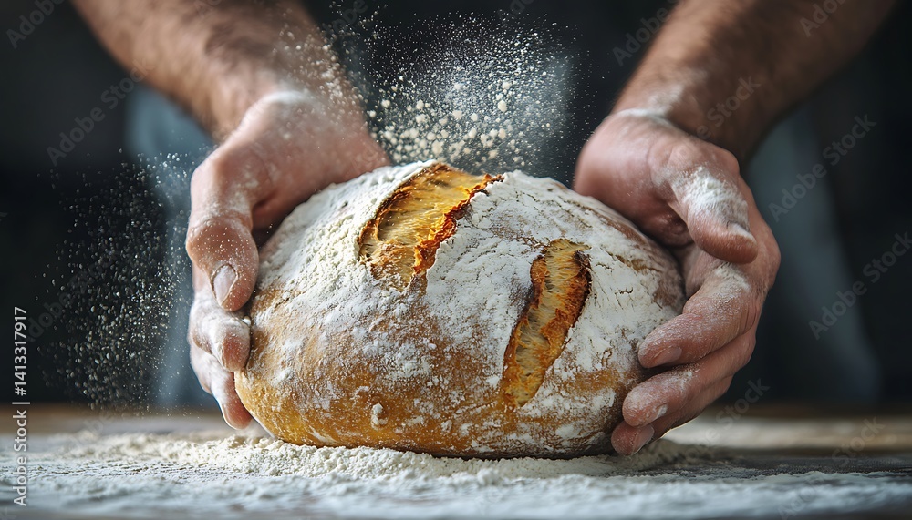 Male hands knead the dough with flour on a wooden table.