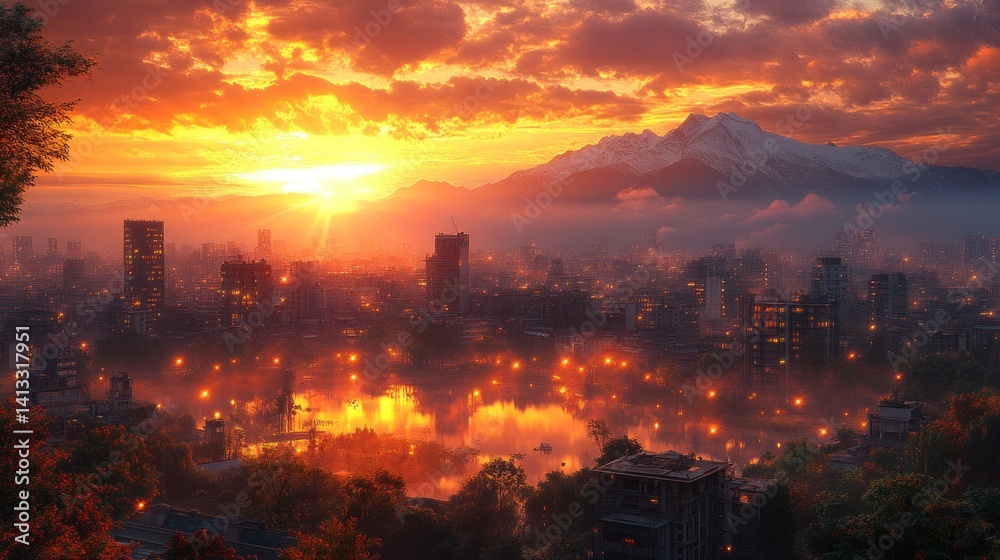 Obraz premium Fiery Sunset over Cityscape and Lake with Mountain Background