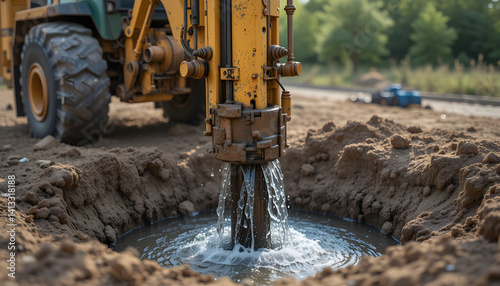 Heavy machinery drilling for artesian well water supply, showcasing water and soil displacement.