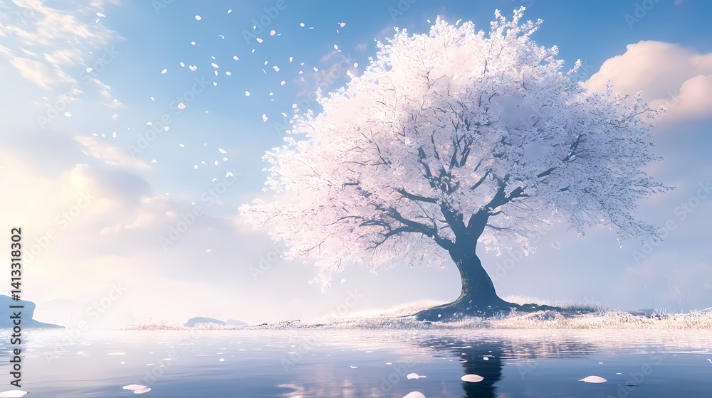 Blossoming tree with white petals by tranquil water under clear blue sky reflecting serene springtime atmosphere. Blossoming tree with white petals by tranquil water under clear blue sky reflecting serene springtime atmosphere.