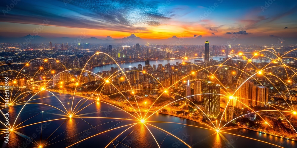 Fototapeta premium Cityscape with glowing network connections, showcasing a vibrant urban scene lit by the sunset, connecting lights, aerial view, network, cityscape, urban
