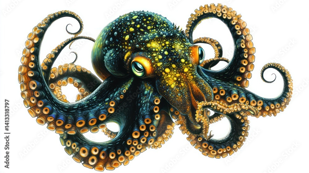 Obraz premium Vibrant octopus illustration with intricate details showcasing its tentacles and colorful skin. A striking image of a cephalopod with various shades of blue, gold, and yellow