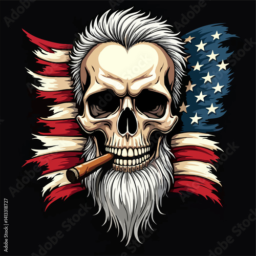Biker vector t-shirt design with smoke human skull
with Cuban cigar, white-haired beard on 
usa flag background.
Fashionable print for fabric, men clothing,
hoodie, jacket, american t shirt.